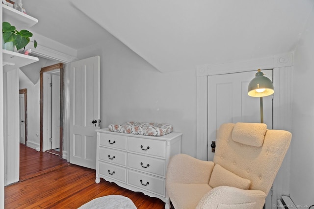 living area featuring lofted ceiling and wood finished floors