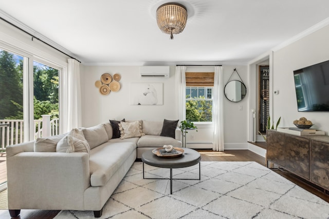 living room with crown molding, a baseboard radiator, wood finished floors, a wall mounted air conditioner, and baseboards