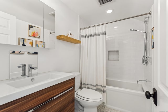 bathroom with toilet, recessed lighting, shower / tub combo, vanity, and visible vents