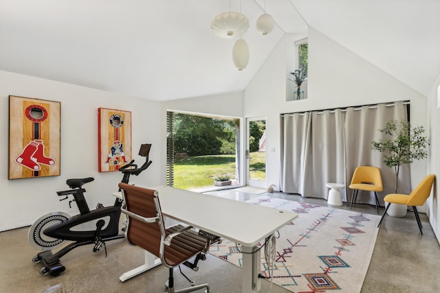 office space featuring high vaulted ceiling and concrete floors