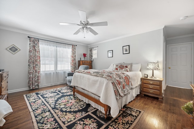 bedroom with ornamental molding, dark wood-type flooring, a ceiling fan, and baseboards