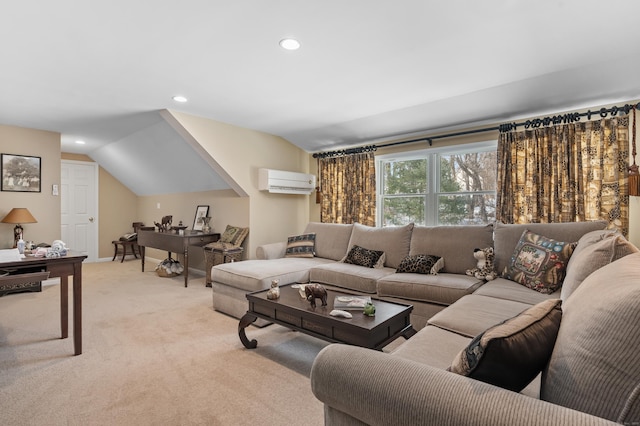 living area with recessed lighting, a wall unit AC, vaulted ceiling, and light carpet