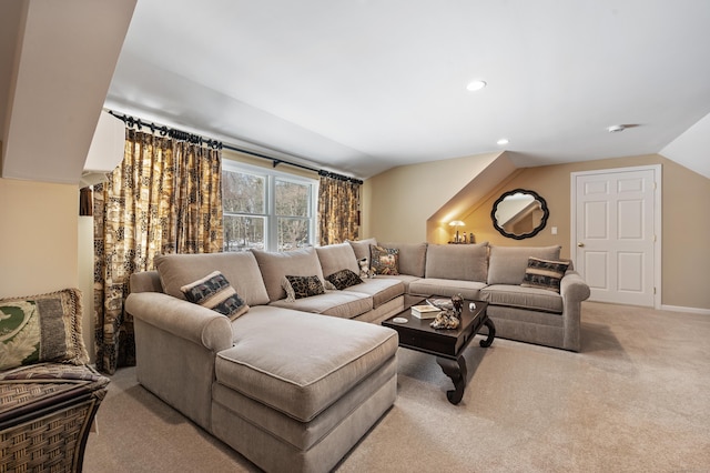 living room featuring light carpet, baseboards, vaulted ceiling, and recessed lighting