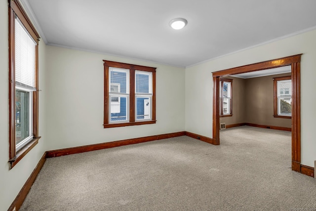 spare room with baseboards, plenty of natural light, carpet flooring, and crown molding