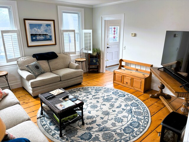 living area featuring light wood-type flooring, crown molding, and baseboards