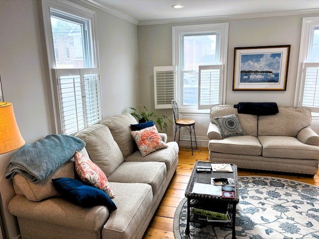 living room with light wood-style floors and crown molding