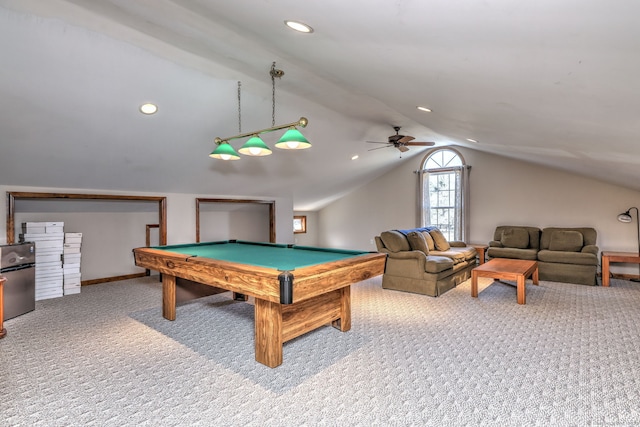 game room with pool table, baseboards, carpet, lofted ceiling, and recessed lighting