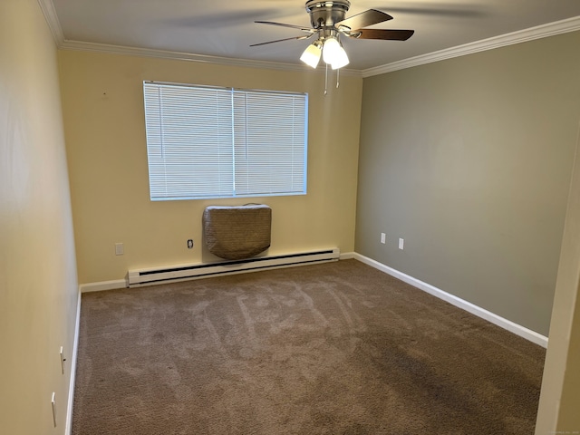 spare room featuring baseboards, carpet floors, a baseboard radiator, and crown molding