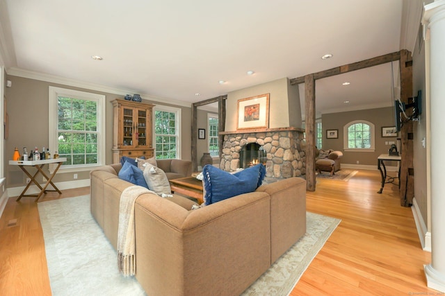 living area featuring ornamental molding, baseboards, a fireplace, and light wood finished floors