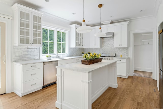 kitchen featuring a sink, light wood-type flooring, stainless steel dishwasher, under cabinet range hood, and range