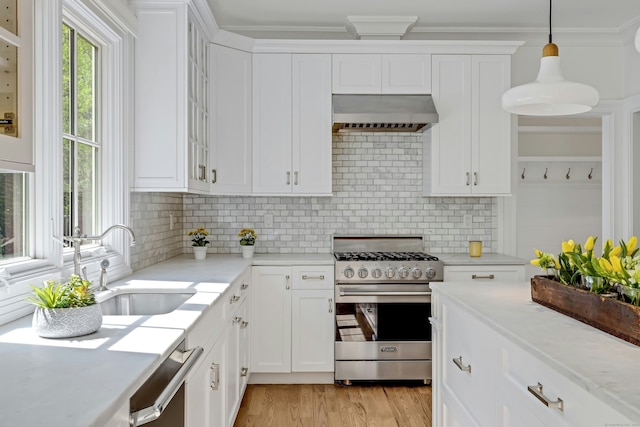 kitchen with a sink, high end stainless steel range, under cabinet range hood, white cabinetry, and light countertops
