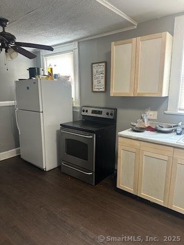 kitchen with dark wood-type flooring, freestanding refrigerator, light countertops, and stainless steel electric stove