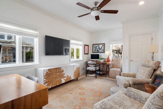 living room with ornamental molding and a ceiling fan