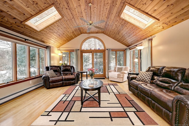 living area featuring a baseboard heating unit, vaulted ceiling with skylight, wood ceiling, and light wood-style floors