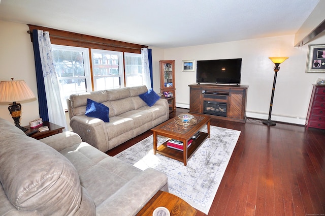 living room with a baseboard radiator, a glass covered fireplace, and dark wood finished floors