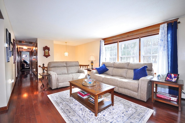 living area with baseboards and dark wood-type flooring