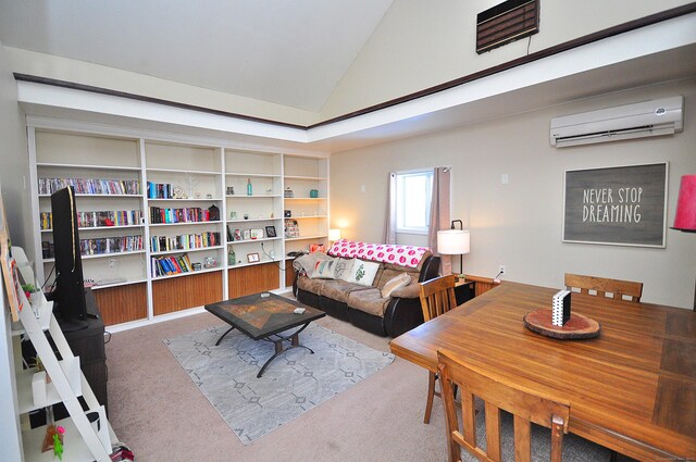 carpeted living room featuring vaulted ceiling and a wall mounted air conditioner