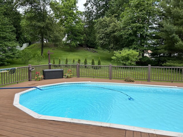 view of pool featuring a wooden deck and a fenced in pool