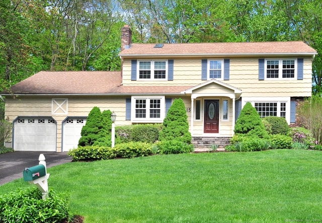 view of front of house with a chimney, asphalt driveway, an attached garage, a front lawn, and a shingled roof