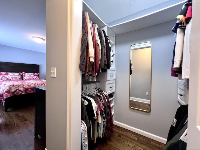 spacious closet with dark wood finished floors