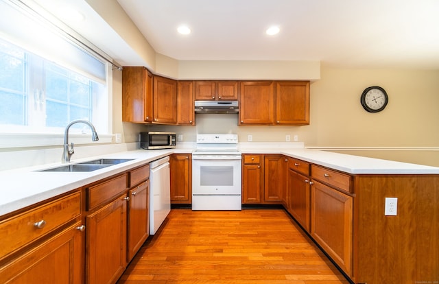 kitchen featuring white range with electric cooktop, dishwashing machine, a peninsula, under cabinet range hood, and a sink