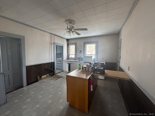 kitchen featuring wooden walls, a wainscoted wall, ceiling fan, wood counters, and crown molding