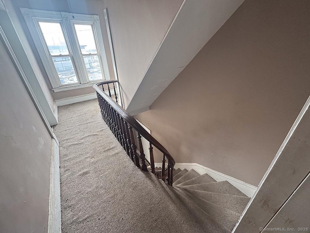 stairs featuring carpet and baseboards