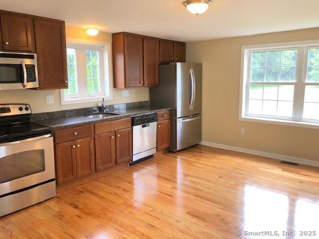 kitchen featuring baseboards, a sink, stainless steel appliances, dark countertops, and light wood-type flooring