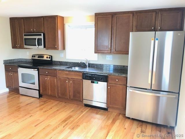 kitchen featuring dark countertops, light wood finished floors, dark brown cabinetry, appliances with stainless steel finishes, and a sink