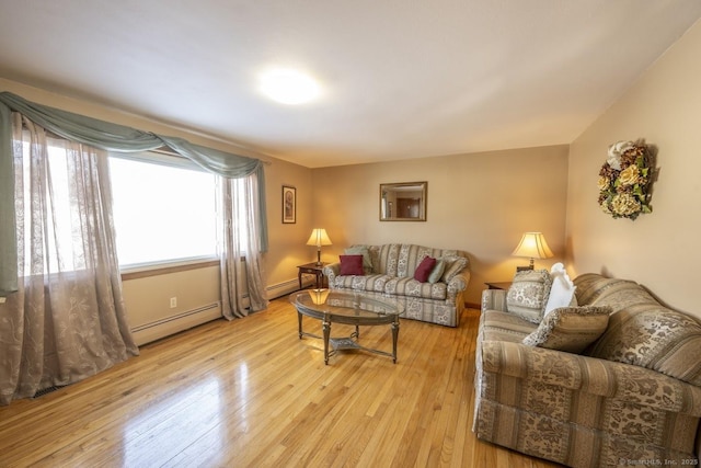 living area with light wood finished floors and baseboard heating