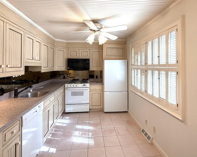 kitchen featuring white appliances, light tile patterned floors, visible vents, ornamental molding, and a sink