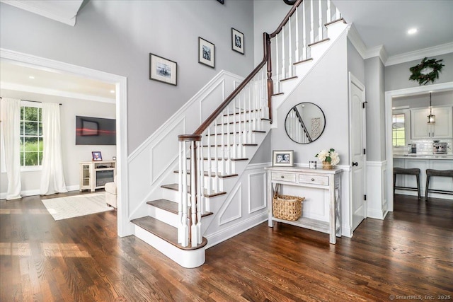 55 Country Woods Ln, Southbury, CT 06488 - stairs featuring ornamental molding, recessed lighting, and wood finished floors