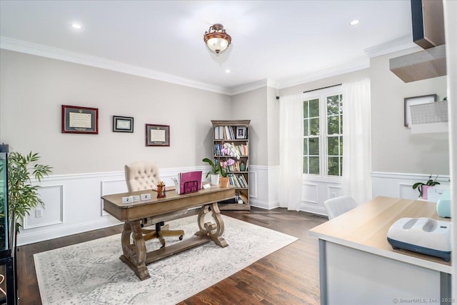 55 Country Woods Ln, Southbury, CT 06488 - office space featuring a wainscoted wall, ornamental molding, dark wood-type flooring, and recessed lighting