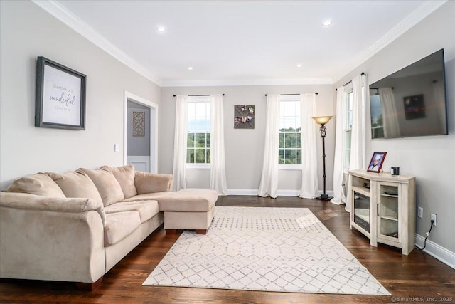 55 Country Woods Ln, Southbury, CT 06488 - living room with recessed lighting, dark wood-style flooring, crown molding, and baseboards