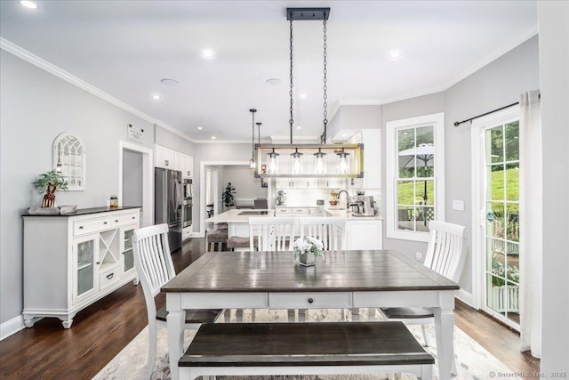 55 Country Woods Ln, Southbury, CT 06488 - dining area with crown molding, baseboards, dark wood-style flooring, and recessed lighting