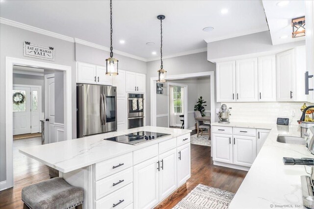 55 Country Woods Ln, Southbury, CT 06488 - kitchen with dark wood finished floors, hanging light fixtures, stainless steel appliances, white cabinetry, and a sink