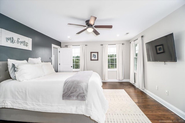 55 Country Woods Ln, Southbury, CT 06488 - bedroom featuring ceiling fan, dark wood-style flooring, visible vents, and baseboards