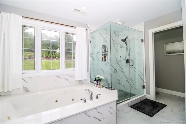 55 Country Woods Ln, Southbury, CT 06488 - bathroom with a jetted tub, marble finish floor, a marble finish shower, and visible vents