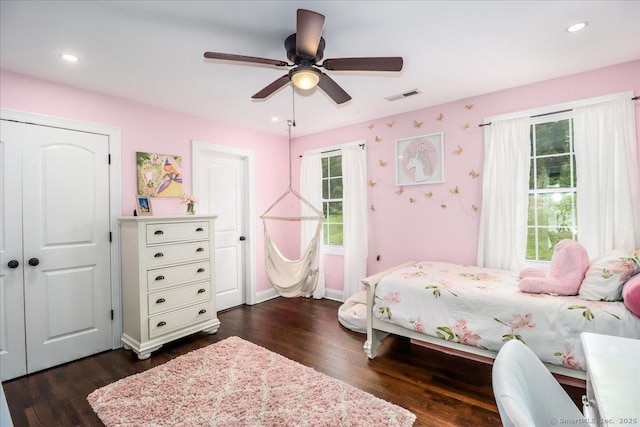 55 Country Woods Ln, Southbury, CT 06488 - bedroom with a ceiling fan, dark wood finished floors, visible vents, and recessed lighting
