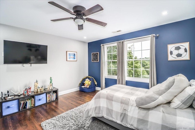 55 Country Woods Ln, Southbury, CT 06488 - bedroom with baseboards, visible vents, ceiling fan, and dark wood-type flooring