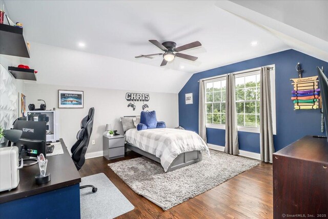 55 Country Woods Ln, Southbury, CT 06488 - bedroom featuring a ceiling fan, lofted ceiling, dark wood-style flooring, and baseboards