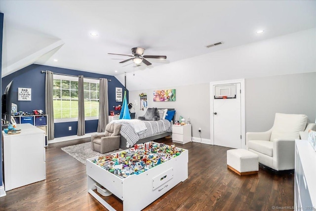 55 Country Woods Ln, Southbury, CT 06488 - bedroom featuring ceiling fan, recessed lighting, dark wood-type flooring, visible vents, and vaulted ceiling