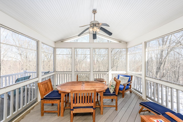 sunroom / solarium featuring lofted ceiling, plenty of natural light, and a ceiling fan