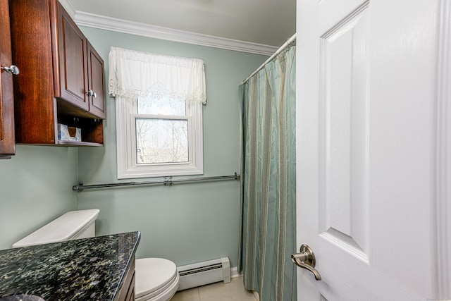 full bathroom with toilet, vanity, a baseboard heating unit, and ornamental molding