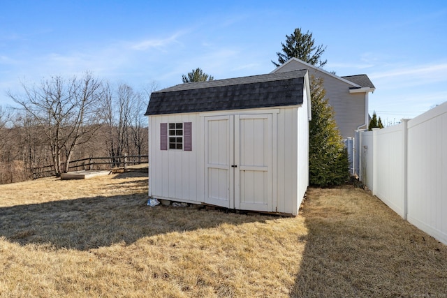 view of shed with a fenced backyard