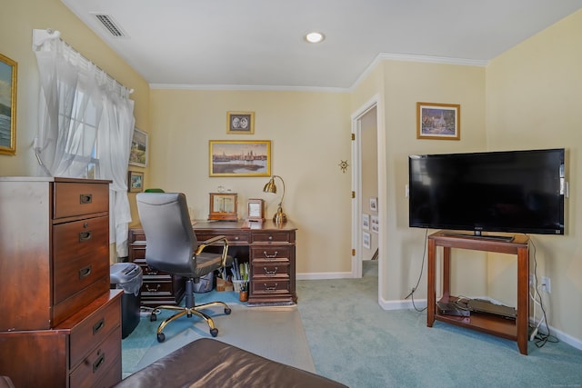 office featuring ornamental molding, carpet flooring, visible vents, and baseboards