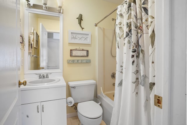 full bathroom featuring toilet, shower / tub combo, tile patterned flooring, and vanity