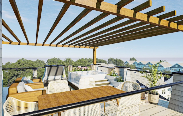 wooden terrace featuring outdoor dining area and a pergola