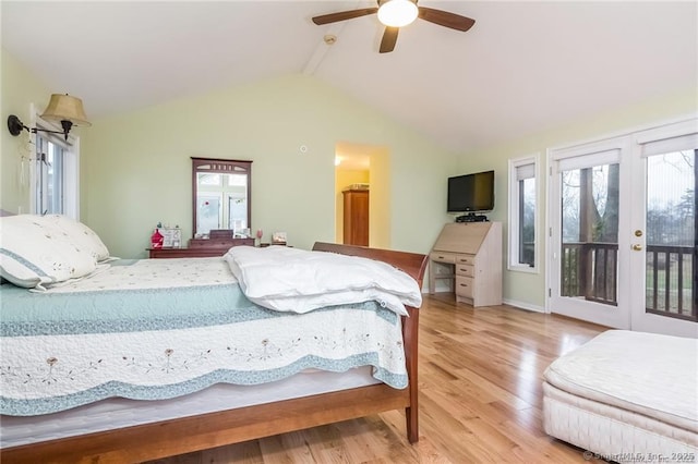 bedroom featuring lofted ceiling, access to outside, ceiling fan, and wood finished floors