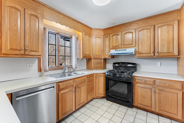 kitchen featuring range hood, light countertops, black range with gas stovetop, a sink, and dishwasher